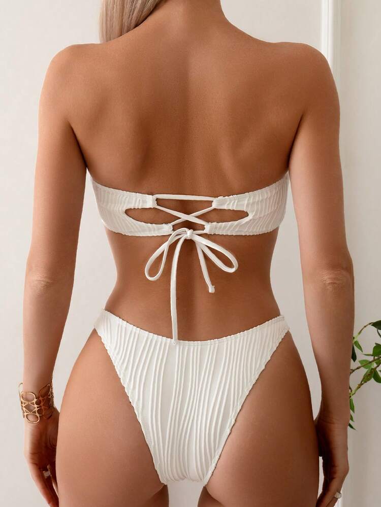 Summer Women's Solid Color Frilled Bandeau Bikini Set