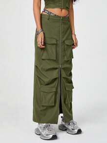 SHEIN EZwear Falda En Estilo De Trabajo Con Línea A Y Múltiples Bolsillos - Verde militar - Ver 4