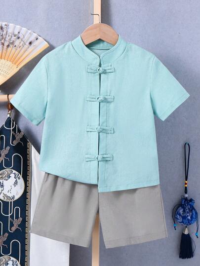 2pcs/Set Boys' Chinese Style Hanfu Outfits With Cool Buttons, Soft, Comfortable, Cool And Breathable, Suitable For Summer Daily Wear