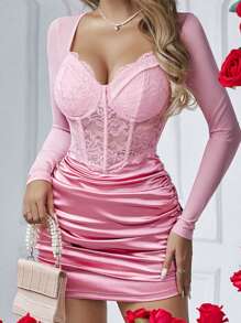 Allurite Robe à manches longues et froncées avec insertion de dentelle pour femme parfait pour un rendez-vous