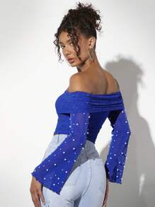 SHEIN BAE Women's Beaded Pearl Detail Off Shoulder Crop Top - Royal Blue - View 2