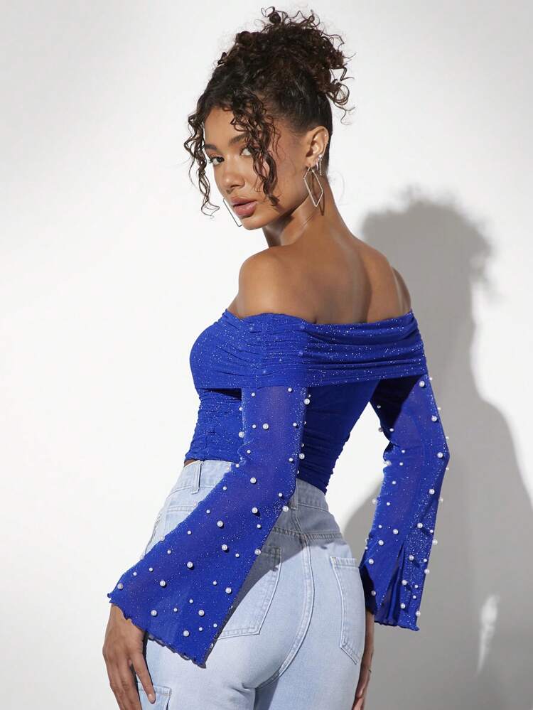 Women's Beaded Pearl Detail Off Shoulder Crop Top