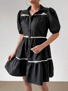 Chiquease Của phụ nữ Khối màu Nút xuống Ống tay áo Đầm - Nhiều màu - Xem 4