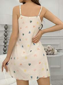 彩色心形印花 V 领细肩带睡衣连衣裙