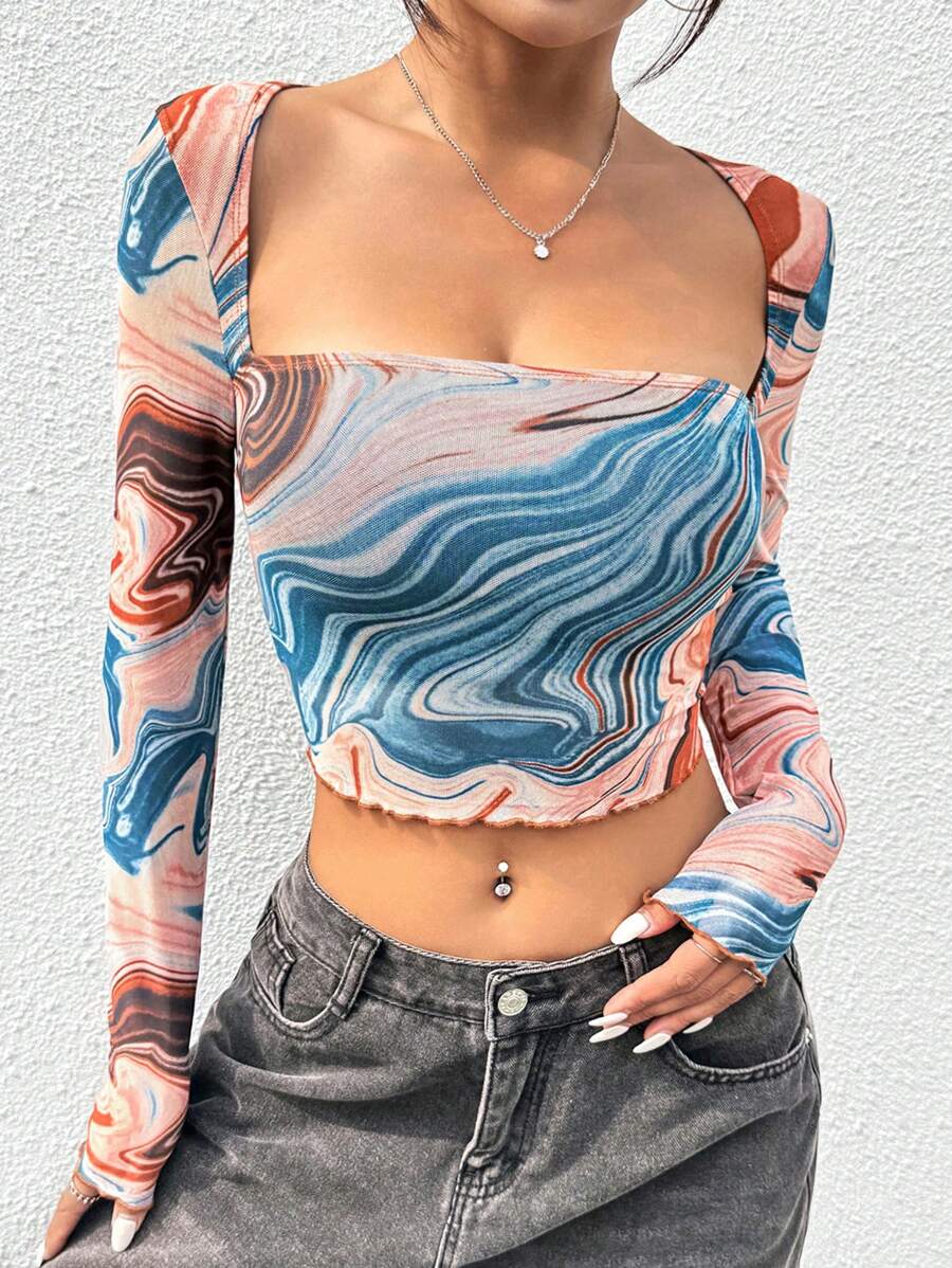 SHEIN EZwear Mesh Marble Print Top - Orange - View 1