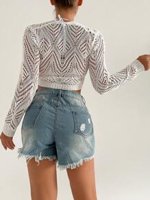 SHEIN Swim Summer Women's Solid Color Knitted Hollow Out Tie-Up Crop Kimono, Long Sleeve Beach Outfit Vacay Vibe