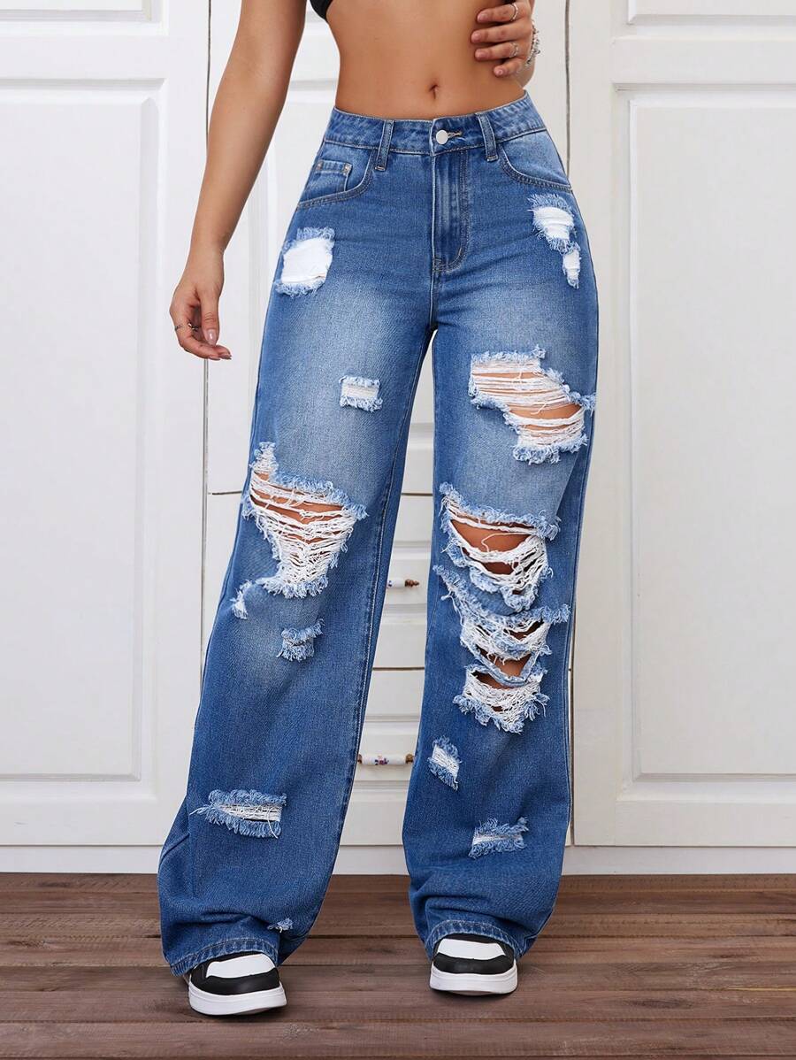 SHEIN ICON Ripped And Flared Leg Jeans - Medium Wash - View 1