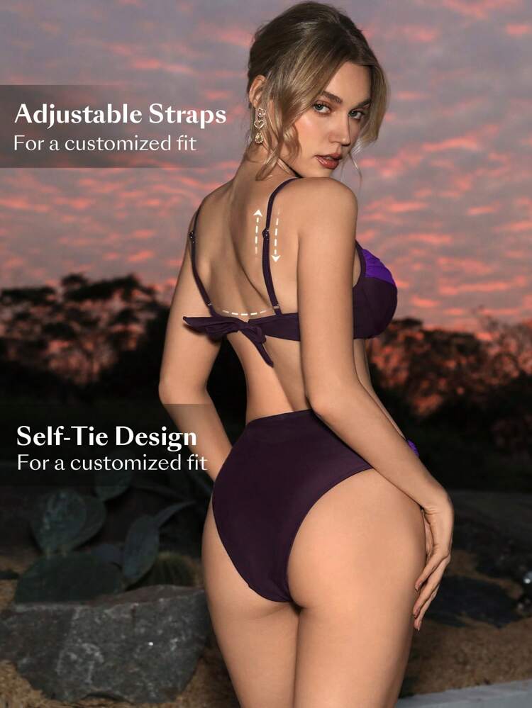 Ladies' Color Block Twisted Knot Bikini Set Summer Beach