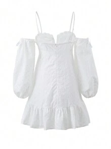 Enchnt Summer Ladies' Solid Color Off-Shoulder Lantern Sleeve Cami Dress - White - View 8
