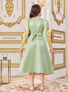 SHEIN Tween Girls' Merging Cute V-Neck Floral Pattern Long Sleeve Dress - Green - View 7