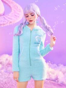 ROMWE X Care Bears Cartoon Embroidered Kangaroo Pocket With 3d Ear Decoration Hooded Teddy Chain Romper - Blue - View 5