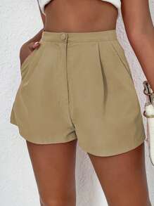 Breezaya Pantalones Cortos De Color Sólido Con Bolsillos Inclinados Y Pliegues Doblados - Caqui - Ver 5