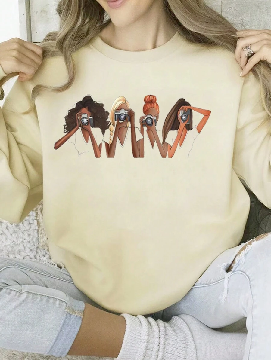SHEIN EZwear 女士保暖内衬圆领运动衫，带人物印花 - 杏色 - 查看 1