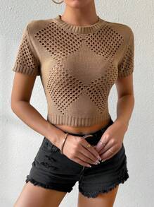SHEIN Clasi Solid Color Hollow Out Knitted Short Sleeve Top - White - View 6