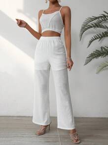 Chiquease Women's Solid Color Cropped Cami Top And Pants Set - White - View 6