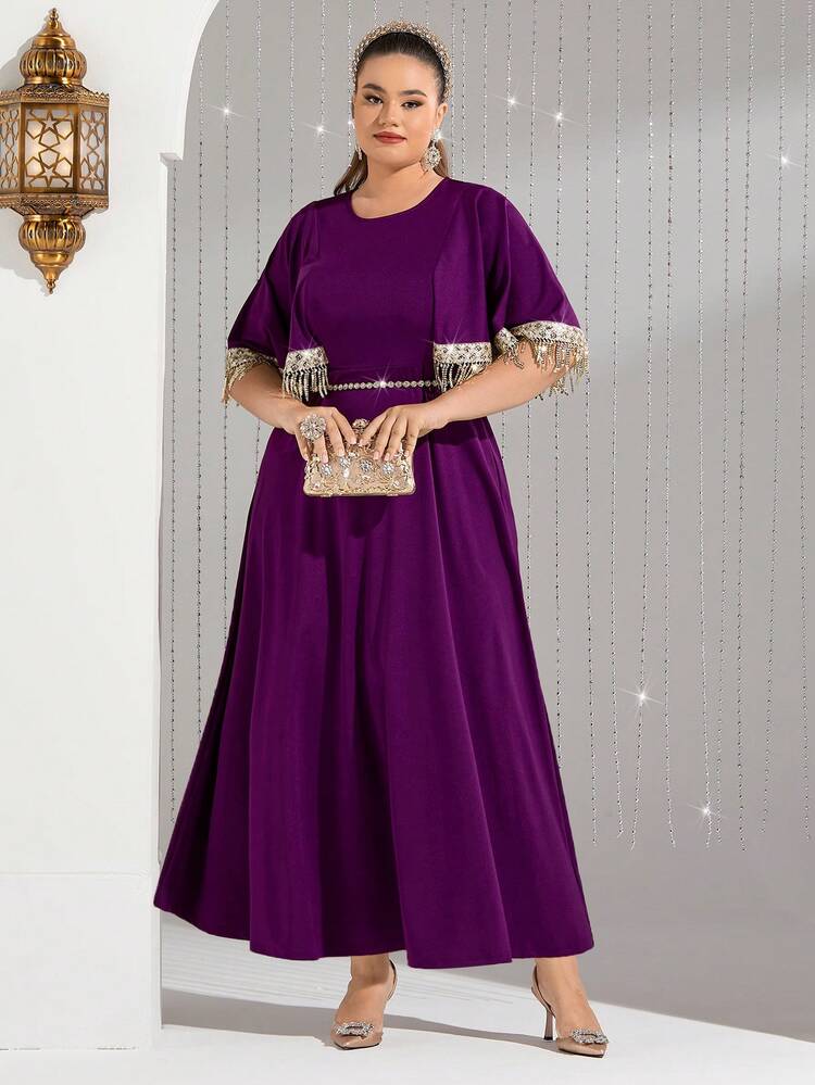 Plus Size Tassel Decorated Dress With Woven Trim,Elegant Evening Party Dress Long Evening Dresses