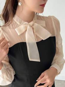 FRIFUL Ladies' Color Block Belted V-Neck Long Sleeve Dress