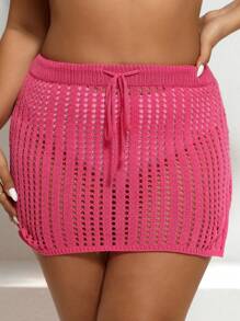 SHEIN Swim Curve 大码抽绳腰镂空针织罩衫裙夏季 - 玫紅色 - 查看 1