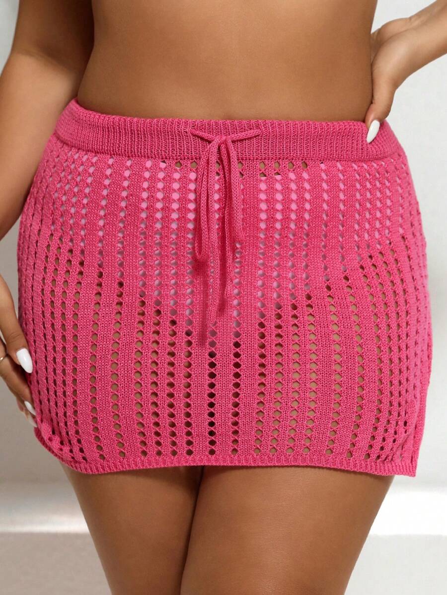 SHEIN Swim Curve 大码抽绳腰镂空针织罩衫裙夏季 - 玫紅色 - 查看 1