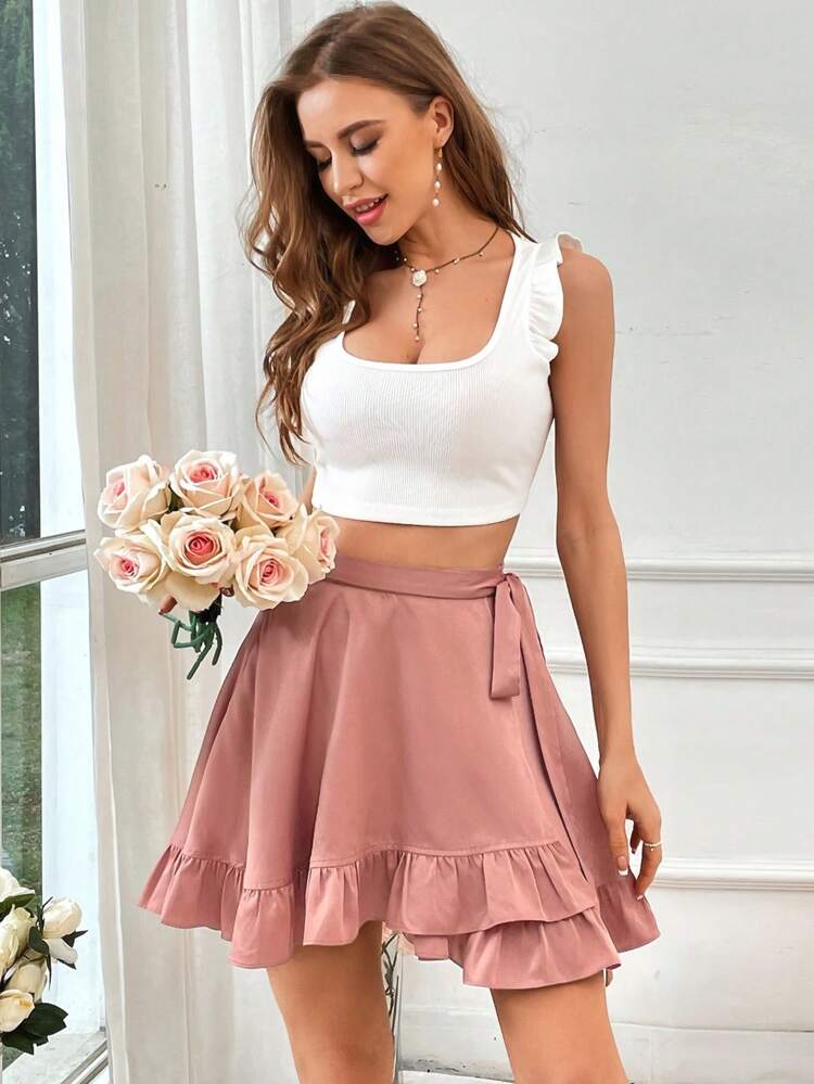 Women's Solid Color Side Tie Ruffle Hem Skirt