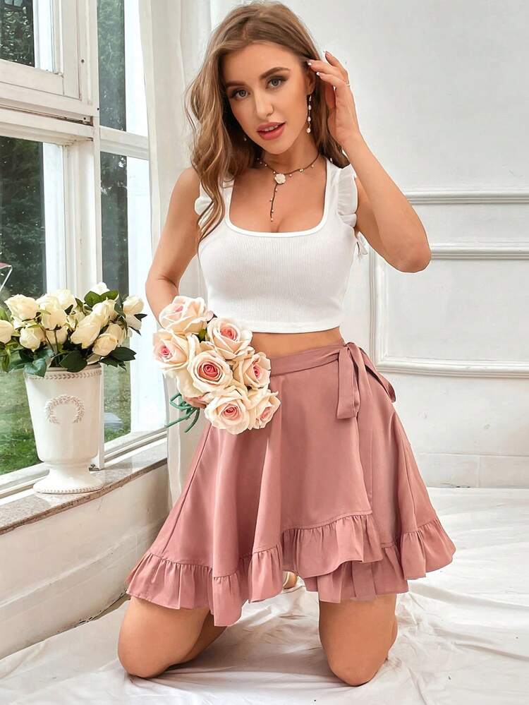 Women's Solid Color Side Tie Ruffle Hem Skirt