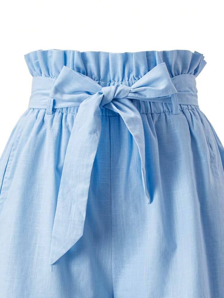 Women's Solid Color Paper Bag Waist Shorts