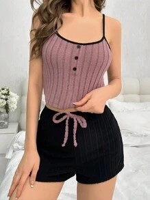 Conjunto de top tipo camiseta y shorts con detalles de botones y ribetes de contraste para mujer, atuendo de estar en casa y de descanso
