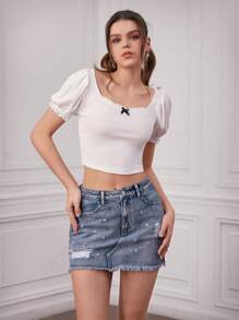Forever 21 تنورة جينز نسائية بحاشية مهترئة ممزقة - الأزرق - مشاهدة 3