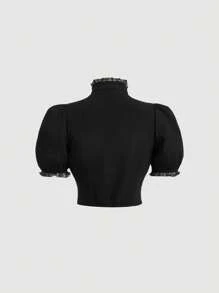 SHEIN MOD Của phụ nữ Ngắn tay Áo sơ mi Với Trang trí ren Chi tiết - màu đen - Xem 2
