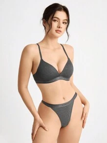 Ocili Đơn giản Bras Với Chữ cái Dệt hoa Đàn hồi Ban nhạc - Màu xám đen - Xem 9