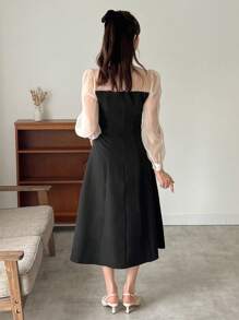 FRIFUL Ladies' Color Block Belted V-Neck Long Sleeve Dress