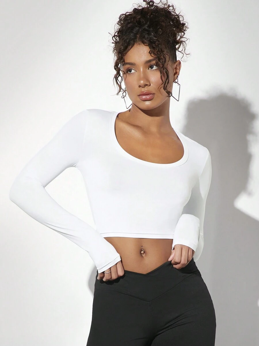 SHEIN BAE 女款圓領短版上衣 - 白色 - 查看 1
