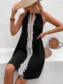 Breezaya Của phụ nữ Họa tiết Hình học Nối Dệt Viền tua Halterneck Đầm - màu đen - Xem 4