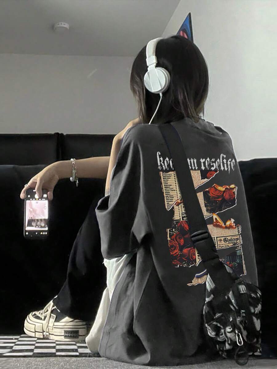 女士夏季休闲报纸字母印花落肩袖超宽松 T 恤 - 深灰色 - 查看 1