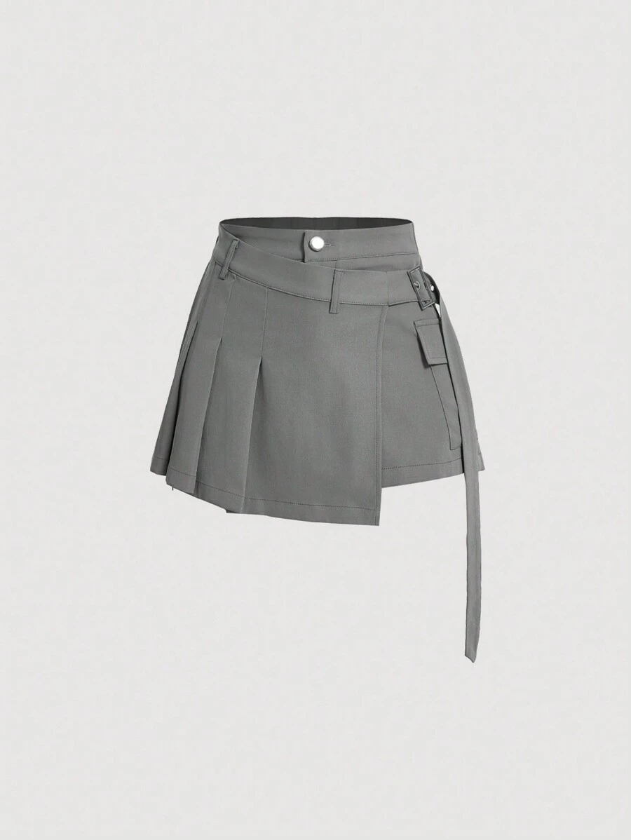 SHEIN MOD Women's Patchwork Pleated Hem Skorts - Grey - View 1