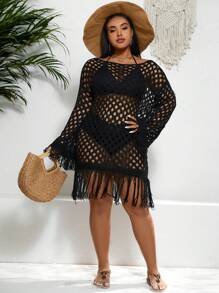 Swim Lushoire Summer Beach 1pc Plus Size Knitted Cover Up Dress With Fringe Decoration And Hollow Out Design - Black - View 3