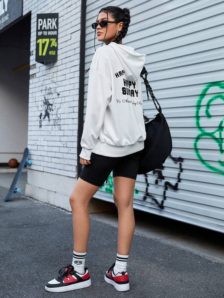 Letter Pattern Drawstring Hooded Drop Shoulder Sports Sweatshirt