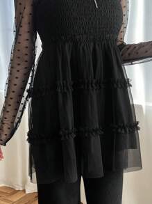 FRIFUL 女士褶皱吊带背心透明上衣 - 黑色 - 查看 7