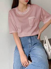 DAZY Women's Beaded Detail Drop Shoulder T-Shirt Summer - Pink - View 5