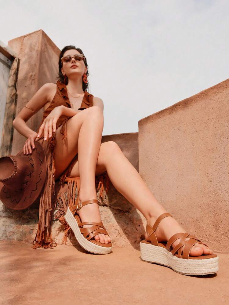 Women'S Fashion Minimalist Brown Strappy Rope Wedge Heeled Thick Sole Summer Sandals,Open Toe Platform Sandals With Ankle Strap And Buckle Casual Student Summer Sandals