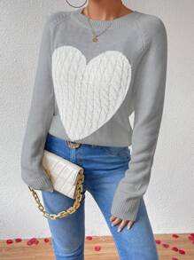 SHEIN Unity Heart Pattern Raglan Sleeve Sweater, Knit Pullover Fall Winter - Grey - View 3