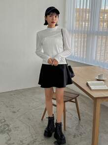 FRIFUL Designer Váy loe lưng cao màu trơn - màu đen - Xem 2