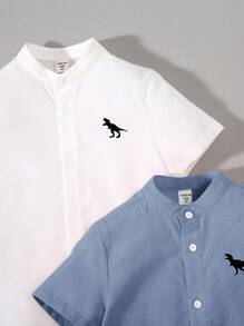 SHEIN 2 Piezas Camisa Informal De Patrón De Dinosaurio Para Niños, Cómoda, Elegante, Sencilla, Combina Con Todo, Cuello Alto - Azul y blanco - Ver 5