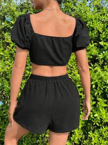 SHEIN EZwear Đen Dệt Ngắn Top Cây trồng Và Bộ quần short - màu đen - Xem 2