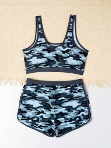 Teen Girls' Camouflage Print Tank Top And Shorts Bikini Set - Grey - View 2