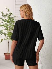 SHEIN Maternity Ribbed Round Neck T-Shirt And Shorts Set - Black - View 2