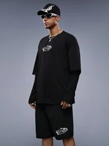 Mainfolk Men's Letter Printed Hollow Out Sleeve T-shirt With Shorts Set - Black - View 2
