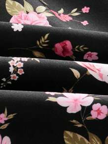 SHEIN MOD Plus Size Puff Short Sleeve Floral Print Dress - Black - View 3