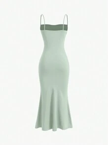 Sweetra Solid Color Pleated Fish Tail Cami Dress Maxi Women Outfit - Mint Green - View 2