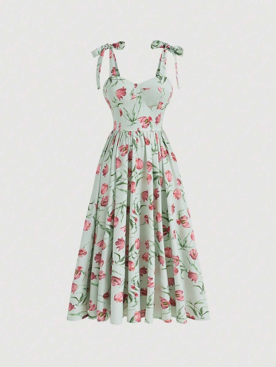 SHEIN MOD Của phụ nữ Hoa In Vòng eo đế chế Dây đeo Mì Ý Đầm - Nhiều màu - Xem 1